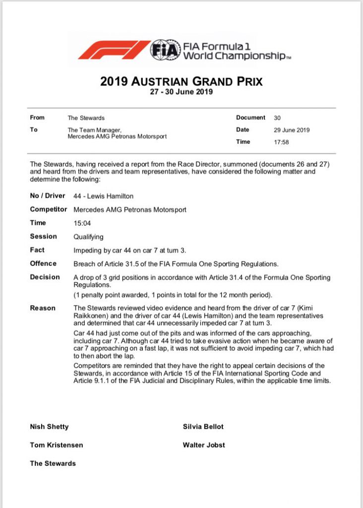 penalità lewis hamilton comunicato fia