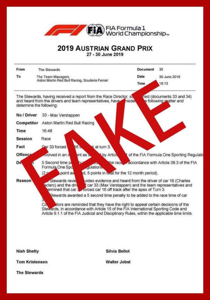 comunicato fia fake penalità verstappen