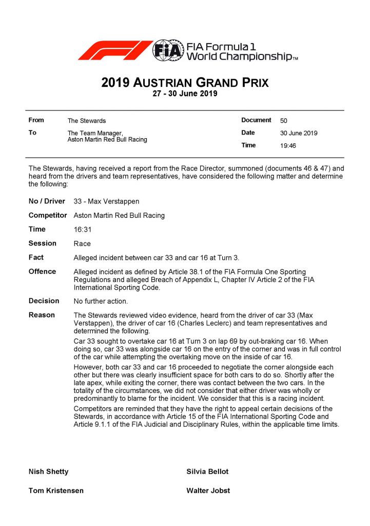 decisione ufficiale verstappen verdetto gp austria