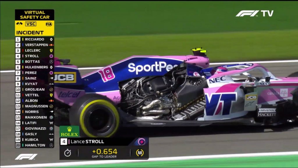 f1 stroll perde cofano motore a spa prove libere