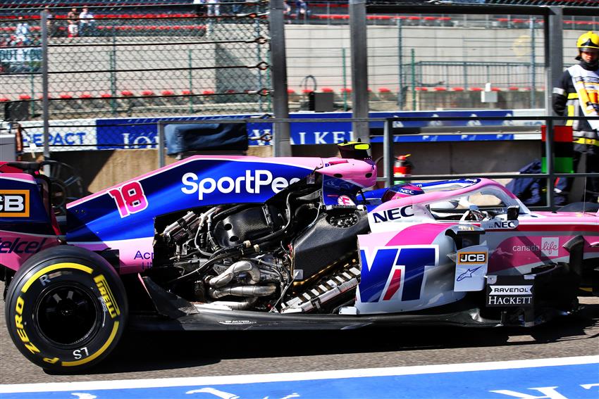 f1 la racing point di stroll perde il cofano motore a spa