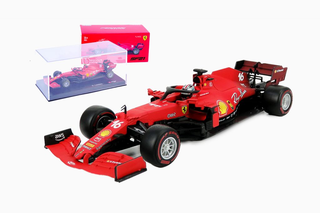 modellino-f1 ferrari sf21 2021 leclerc burago scala 1:43 casco vetrina