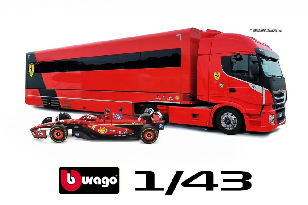 modellino camion scuderia ferrari f1 2024 iveco s-way bisarca scala 1:43 burago