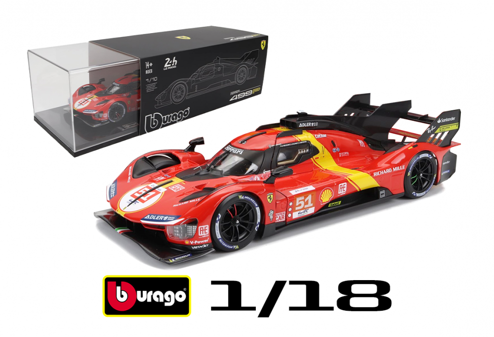 modellino ferrari 499p numero 51 vincitrice le mans 2023 burago 1:18 deluxe con vetrina
