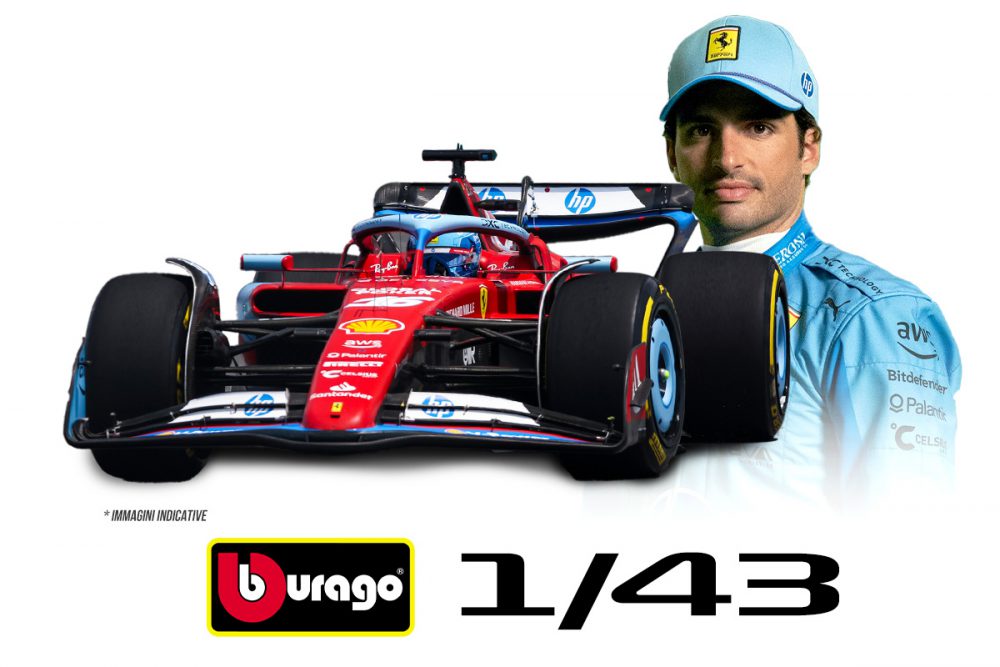 modellino ferrari f1 miami 2024 sainz scala 1:43 burago con pilota e vetrina