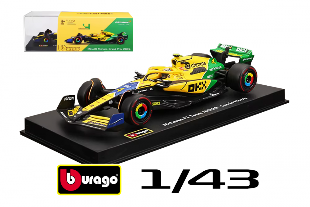 modellino mclaren monaco 2024 lando norris tributo senna burago scala 1:43 con pilota