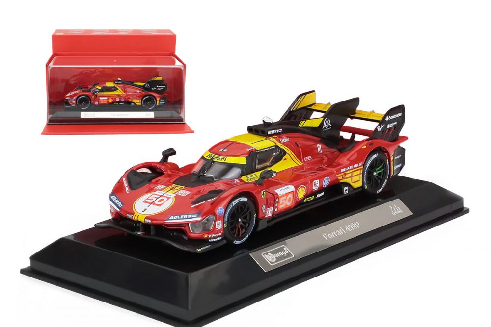 modellino ferrari 499p 2024 numero 50 vincitrice 24 ore le mans scala 1:43 burago con vetrina