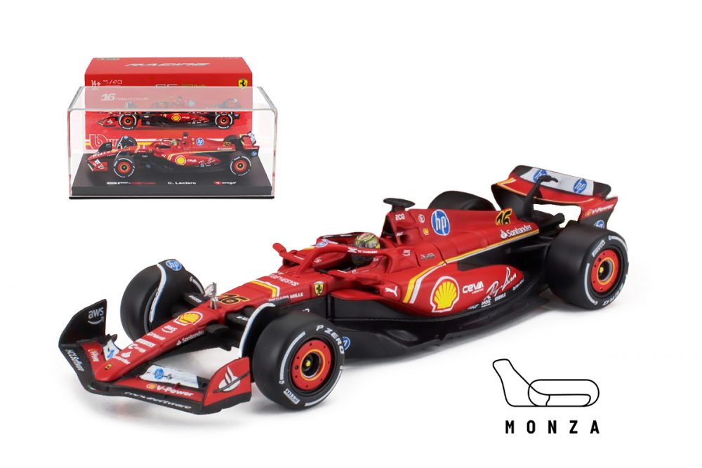 modellino ferrari sf-24 vincitore monza 2024 leclerc by burago scala 1:43 con pilota e vetrina
