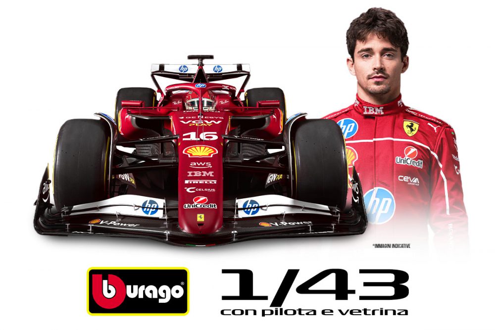 modellino ferrari sf-25 charles leclerc f1 2025 burago scala 1:43 con pilota e vetrina