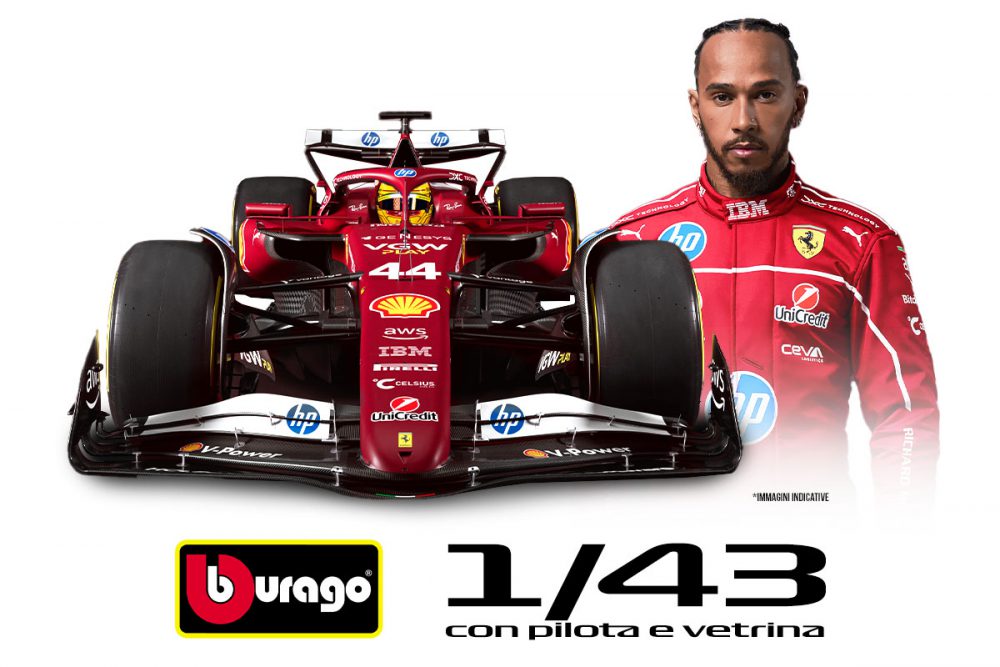 modellino ferrari sf-25 lewis hamilton f1 2025 burago scala 1:43 con pilota e vetrina