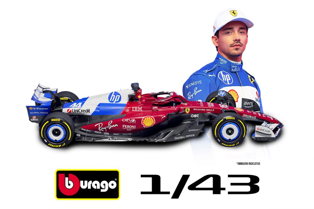 modellino ferrari sf-25 miami 2025 charles leclerc f1 2025 burago scala 1:43 card box