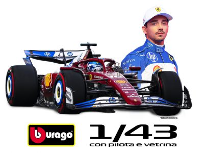 modellino ferrari sf-25 miami 2025 charles leclerc f1 2025 burago scala 1:43 con pilota e vetrina