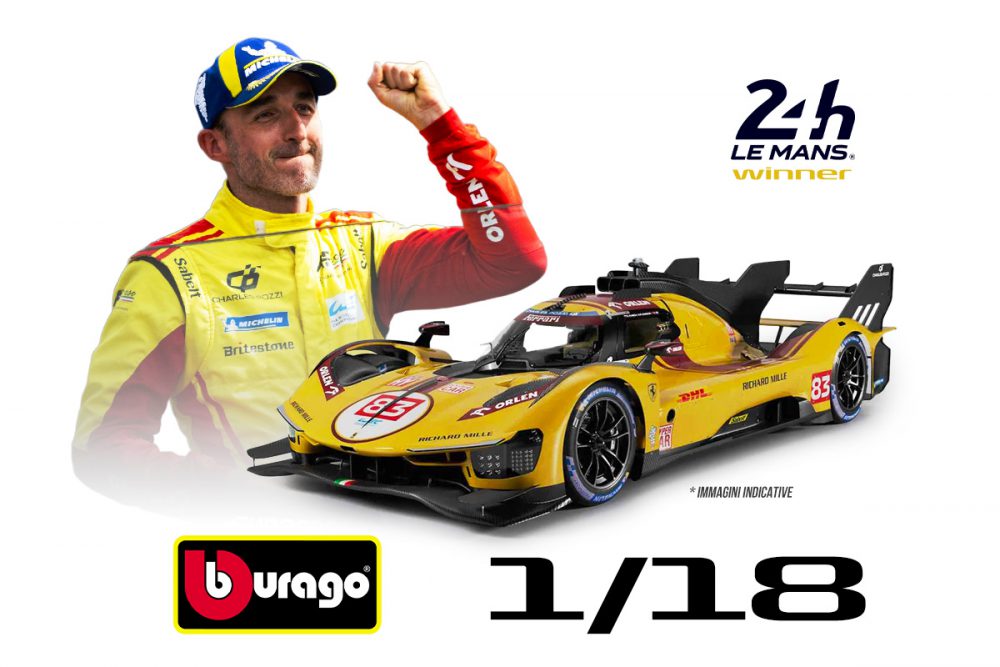 modellino ferrari 499p gialla numero 83 robert kubica 24 ore le mans 2025 scala 1:18 burago