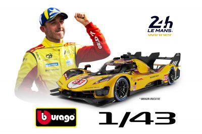 modellino ferrari 499p gialla numero 83 robert kubica 24 ore le mans 2025 scala 1:43 burago con vetrina