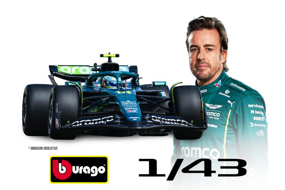 modellino aston martin f1 2025 fernando alonso amr25 scala 1:43 burago con pilota e vetrina