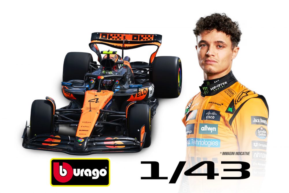 modellino mclaren f1 2025 mcl39 scala 1:43 burago con pilota e vetrina