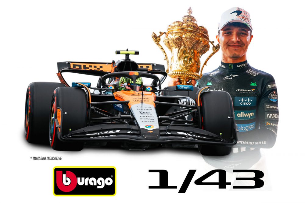 modellino mclaren f1 silverstone 2025 lando norris mcl39 scala 1:43 burago con pilota e vetrina