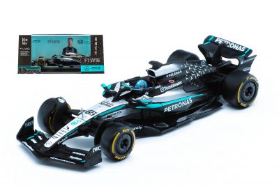 modellino mercedes f1 2025 george russell w16 scala 1:43 burago con pilota e vetrina
