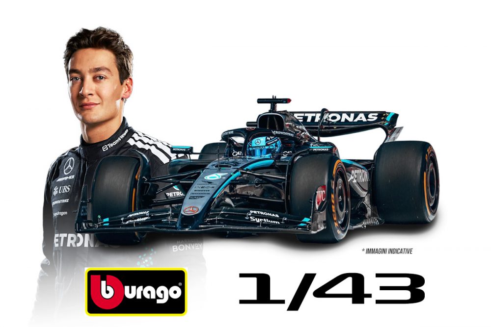 modellino mercedes f1 2025 george russell w16 scala 1:43 burago con pilota e vetrina