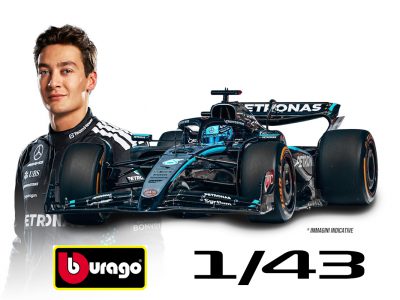 modellino mercedes f1 2025 george russell w16 scala 1:43 burago con pilota e vetrina