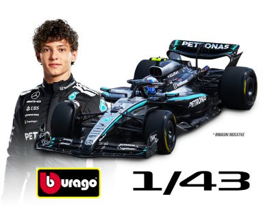modellino mercedes f1 2025 kimi antonelli w16 scala 1:43 burago con pilota e vetrina